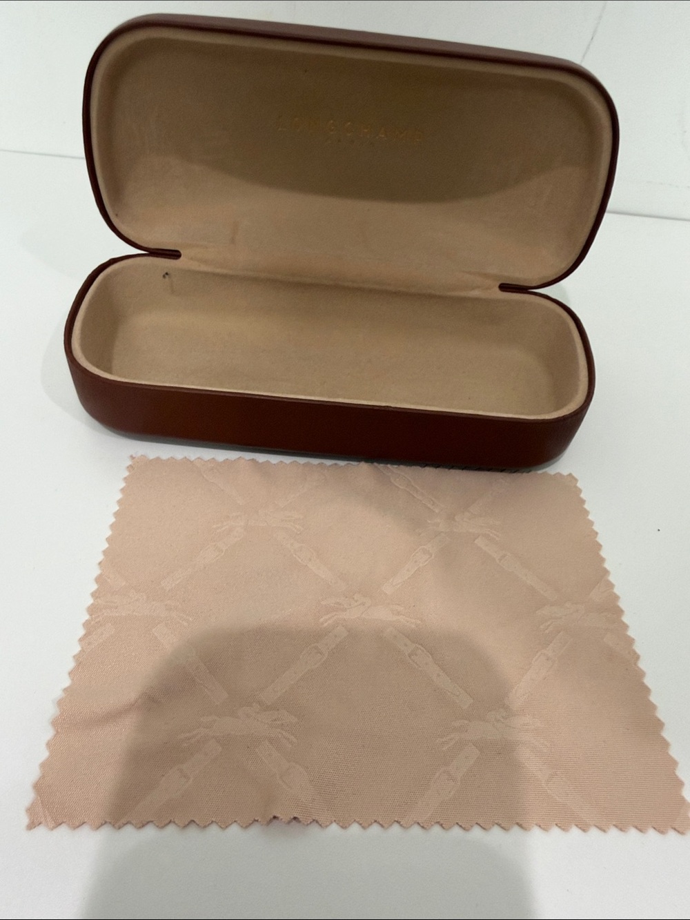 Longchamp Brown Leather Eyewear Case with Beige Interior and Branded Cloth